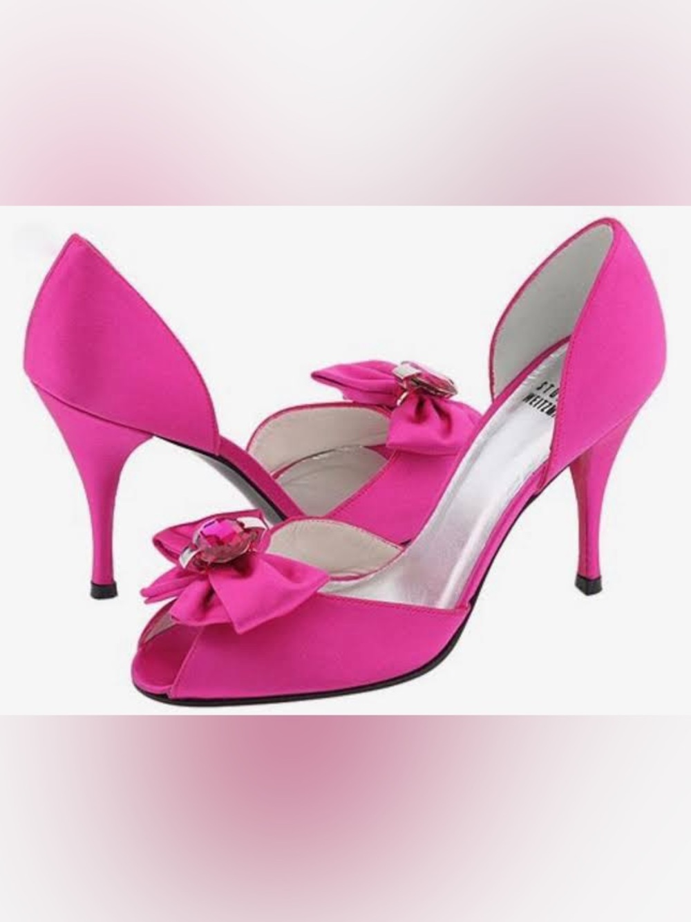 Stuart Weitzman Fuchsia Satin Solitaire Peep-Toe Heels